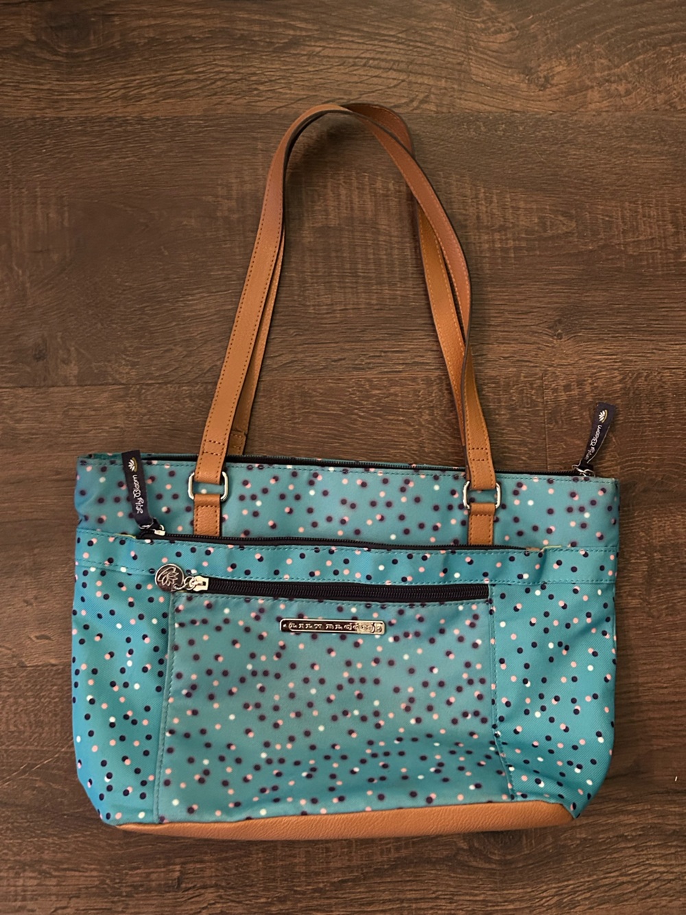 Lily bloom Teal Polka Dot Shoulder Bag with Tan Straps